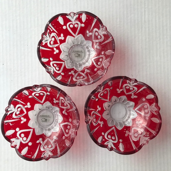 3 Fine Crystal Red And Clear Accent Bowls 4,75” x 2” - Picture 6 of 12